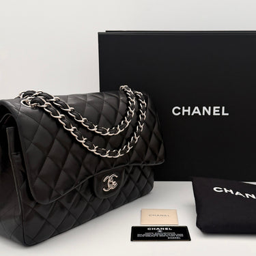 Chanel Timeless Classic Double Flap Jumbo Black Lambskin Silver Hardware, like new