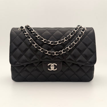 Chanel Timeless Classic Double Flap Jumbo Black Lambskin Silver Hardware, like new