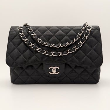 Chanel jumbo classic flap black caviar leather silver hardware