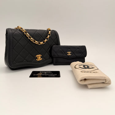 Chanel Vintage Flap Bag Black Lambskin Quilted Gold Chain Shoulder Bag with Coin Purse