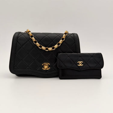 Chanel Vintage Flap Bag Black Lambskin Quilted Gold Chain Shoulder Bag with Coin Purse