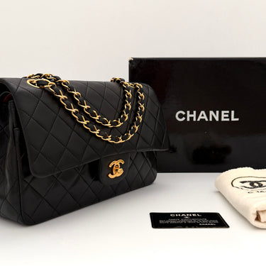 Chanel Timeless 25 Classic double flap bag black lambskin leather vintage full set