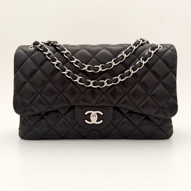 Chanel Timeless Classic Double Flap Jumbo Black Lambskin Silver Hardware, like new