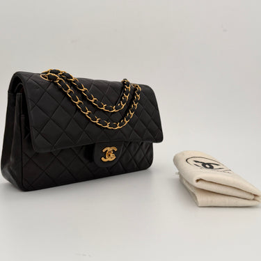 Chanel Timeless 25 Classic double flap bag black lambskin leather vintage