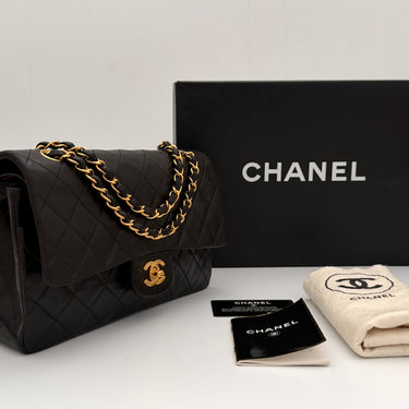 Chanel Timeless 25 Classic double flap bag black lambskin leather vintage full set